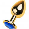 Анальная втулка Metal by TOYFA, металл, золотая, с синим кристаллом, 9,5 см,  4 см, 145 г