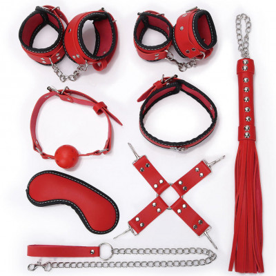 НАБОР (маска, ошейник, кляп, фиксатор, наручники, оковы, плеть) цвет красный арт. NTU-80451