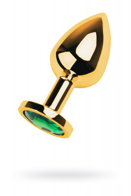 Анальная втулка Metal by TOYFA, металл, золотая, с зеленым кристаллом, 8 см,  3,4 см, 85 г