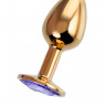 Анальная втулка Штучки-Дрючки, металл, золотая, с фиолетовым кристаллом, 7 см,  2,8 см, 50 г