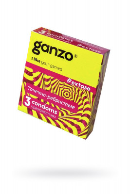 Презервативы Ganzo, extase, латекс, точечные, ребристые, анатомичные, 18 см, 5,2 см, 3 шт.